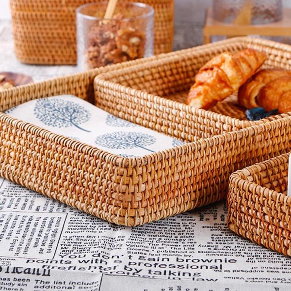 Hand Woven Storage Basket Rattan Storage Tray Wicker Baskets Bread Fruit Food Breakfast Display Box Handicrafts 3