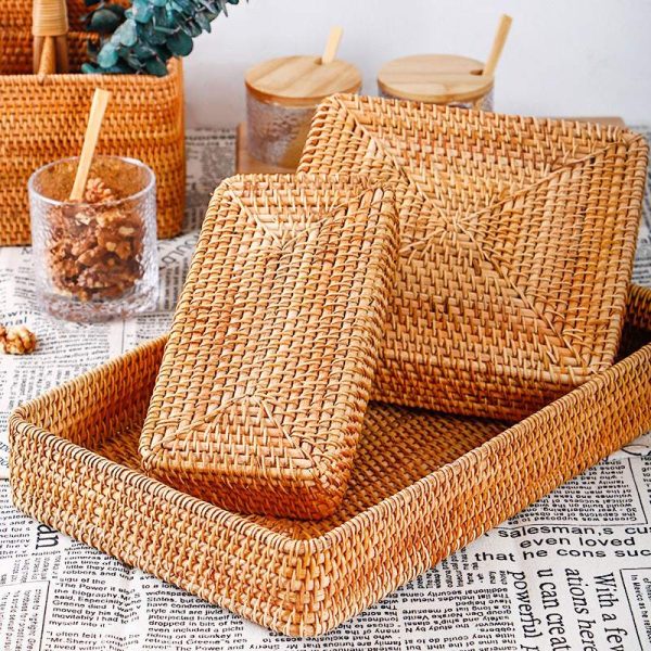 Hand Woven Storage Basket Rattan Storage Tray Wicker Baskets Bread Fruit Food Breakfast Display Box Handicrafts 4