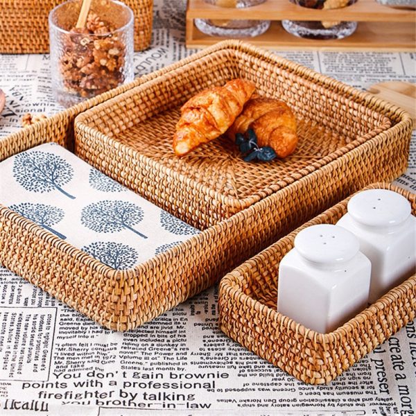 Hand Woven Storage Basket Rattan Storage Tray Wicker Baskets Bread Fruit Food Breakfast Display Box Handicrafts