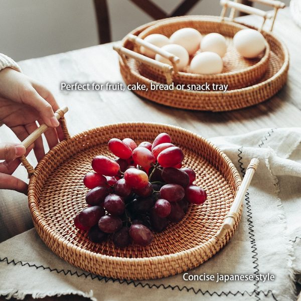Handwoven Rattan Storage Tray With Wooden Handle Round Wicker Basket Bread Food Plate Fruit Cake Platter 1