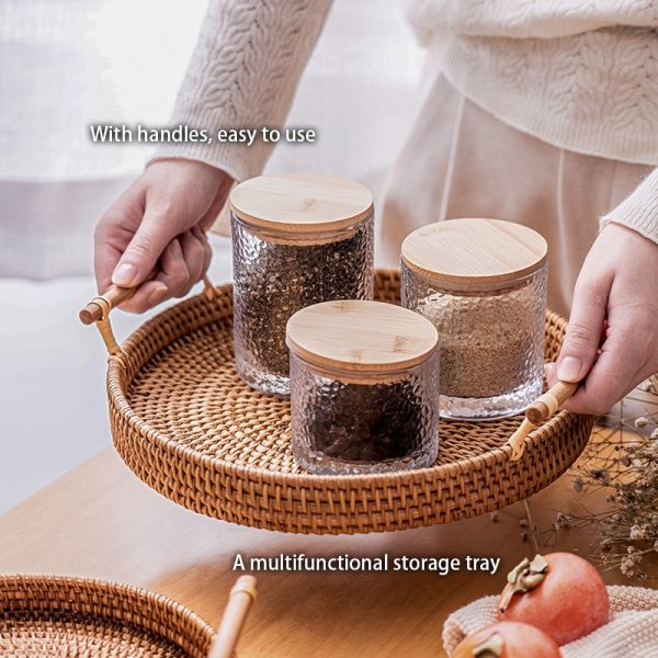 Handwoven Rattan Storage Tray With Wooden Handle Round Wicker Basket Bread Food Plate Fruit Cake Platter 3