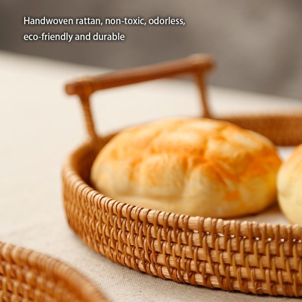 Handwoven Rattan Storage Tray With Wooden Handle Round Wicker Basket Bread Food Plate Fruit Cake Platter 4