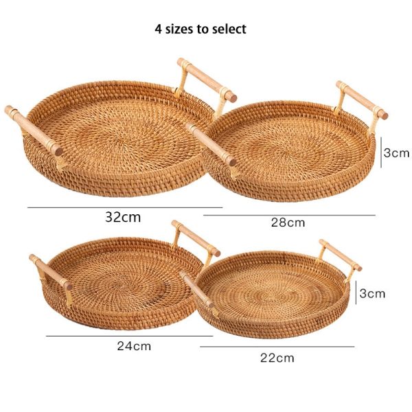 Handwoven Rattan Storage Tray With Wooden Handle Round Wicker Basket Bread Food Plate Fruit Cake Platter 5