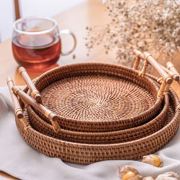 Handwoven Rattan Storage Tray With Wooden Handle Round Wicker Basket Bread Food Plate Fruit Cake Platter
