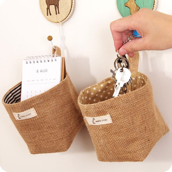 Wholesale Zakka style storage box jute with cotton lining sundries basket mini desktop storage bag hanging 3