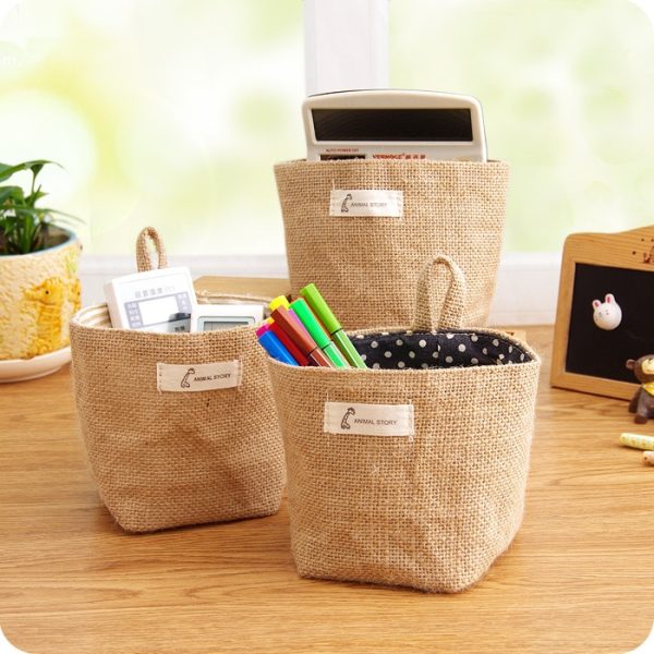 Wholesale Zakka style storage box jute with cotton lining sundries basket mini desktop storage bag hanging 5
