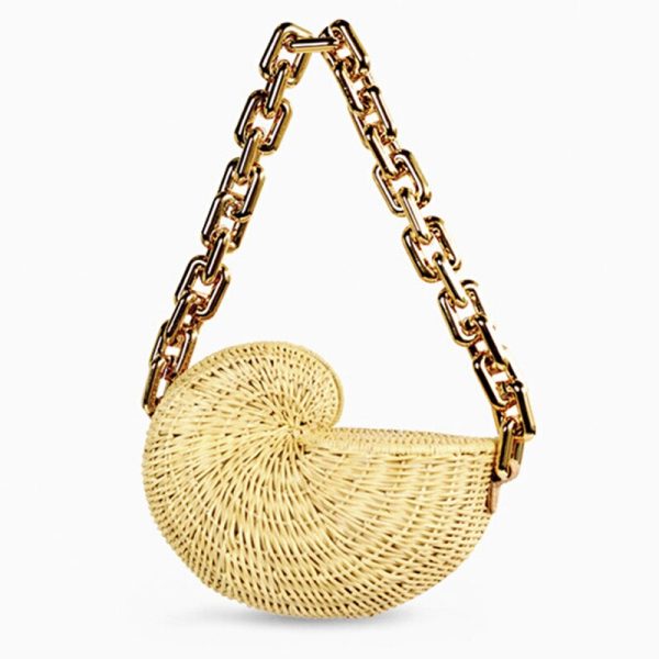 2023 Thick Chains Rattan Conch Women Shoulder Bags Design Wicker Woven Handbags Luxury Summer Beach Straw 5