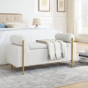 Elegant Upholstered Linen Storage Bench with Cylindrical Arms and Iron Legs for Hallway Living Room Bedroom