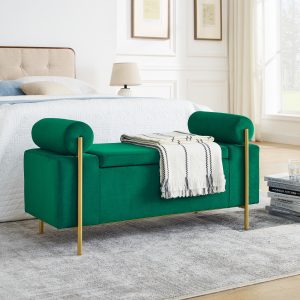 Elegant Upholstered Velvet Storage Bench with Cylindrical Arms and Iron Legs for Hallway Living Room Bedroom