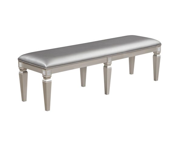 1-Pc Modern Glam Long Bench Upholstered Seat Sparkling Embellishments Silver Gray Finish Furniture Bedroom Living Room Dining Room