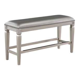 1-Pc Modern Glam Counter Height Bench Upholstered Seat Sparkling Embellishments Silver Champagne Gray Finish Furniture Bedroom Living Room Dining Room