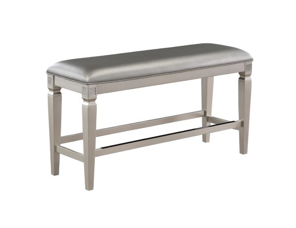1-Pc Modern Glam Counter Height Bench Upholstered Seat Sparkling Embellishments Silver Champagne Gray Finish Furniture Bedroom Living Room Dining Room
