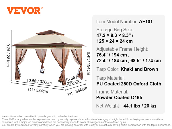 vevor patio gazebo 11 x 11 ft pop up gazebo for 8 10 person with mosquito netting metal frame and pu coated 250d oxford cloth outdoor canopy shelter for patio backyard lawn garden deck 10