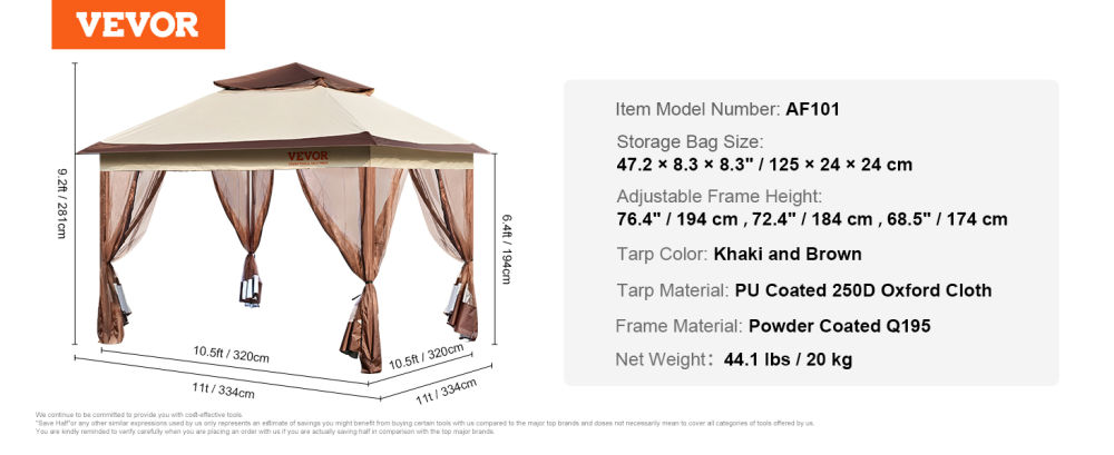 vevor patio gazebo 11 x 11 ft pop up gazebo for 8 10 person with mosquito netting metal frame and pu coated 250d oxford cloth outdoor canopy shelter for patio backyard lawn garden deck 9